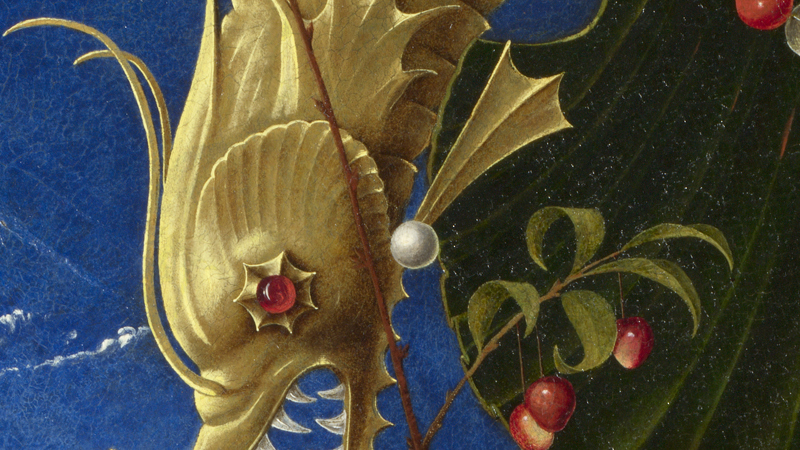 Detail of Cosimo Tura, 'A Muse (Calliope?)' (detail), probably 1455–60. A dolphin-like creature adorned with spikes and rubies for eyes.