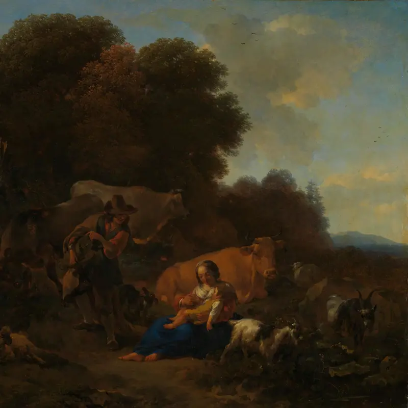 A Peasant playing a Hurdy-Gurdy to a Woman and Child