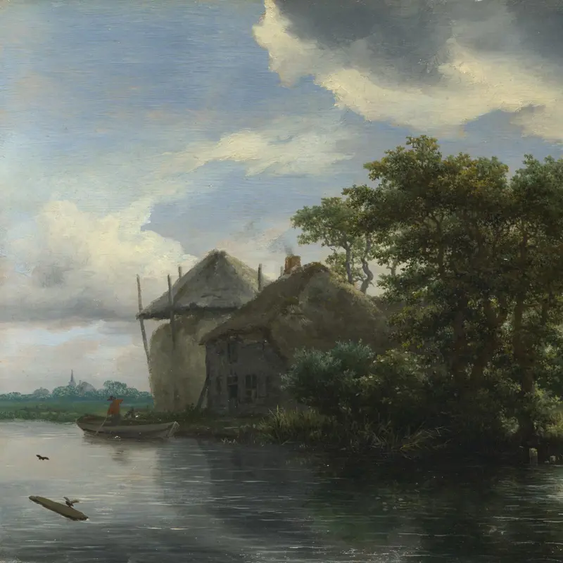 A Cottage and a Hayrick by a River