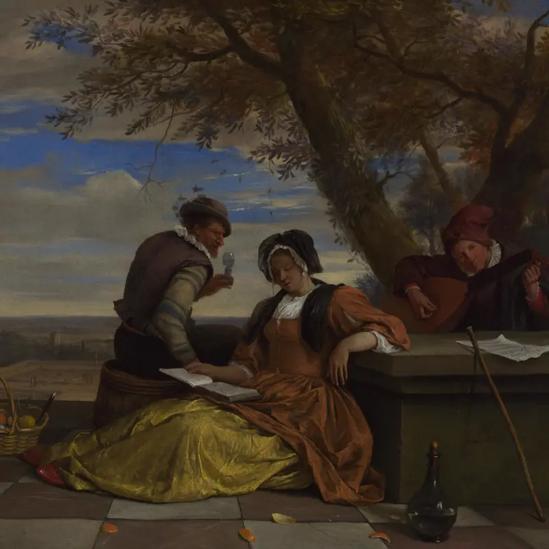Two Men and a Young Woman making Music on a Terrace
