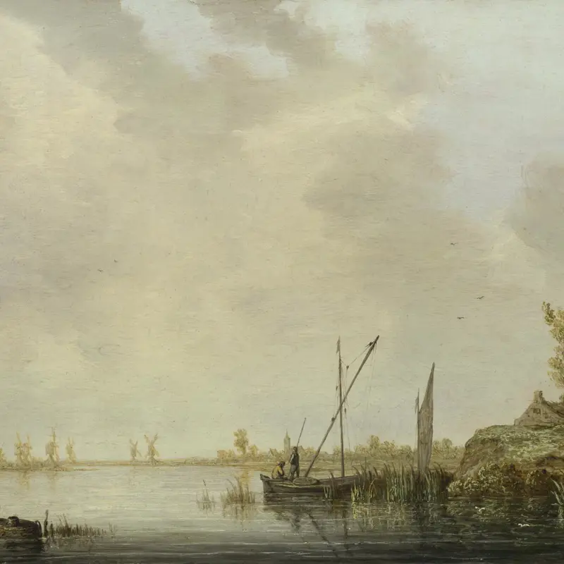 A River Scene with Distant Windmills