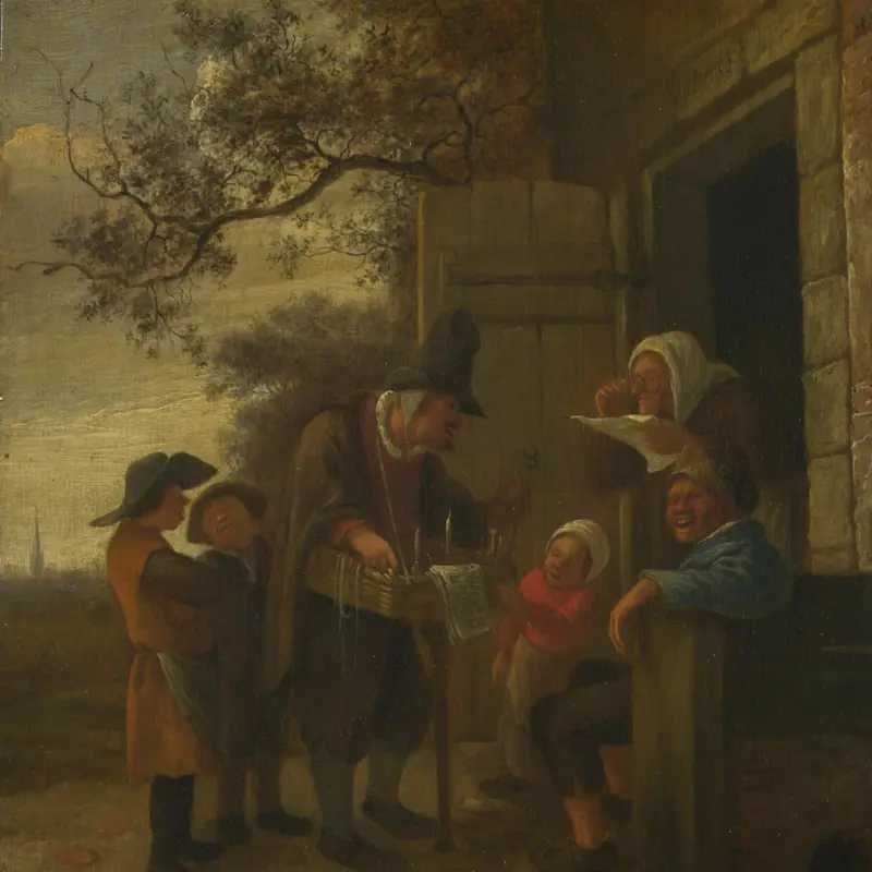 A Pedlar selling Spectacles outside a Cottage