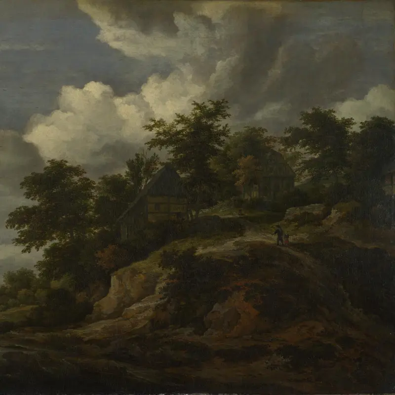 A Rocky Hill with Three Cottages, a Stream at its Foot