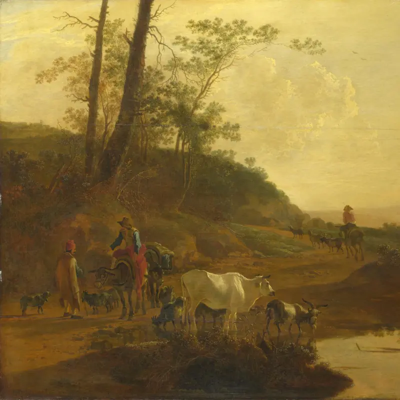 Men with an Ox and Cattle by a Pool