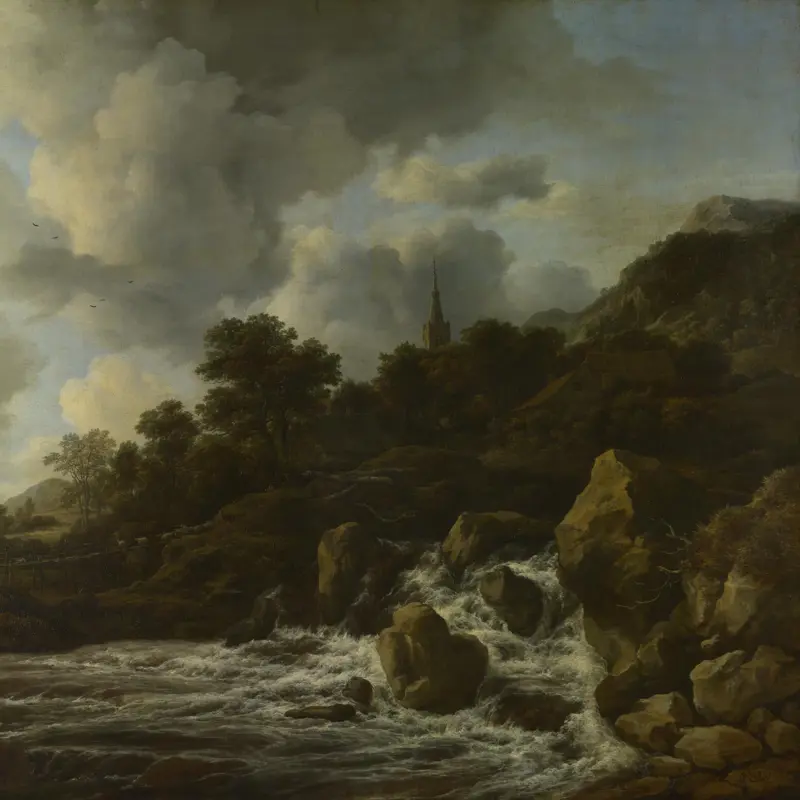 A Waterfall at the Foot of a Hill, near a Village