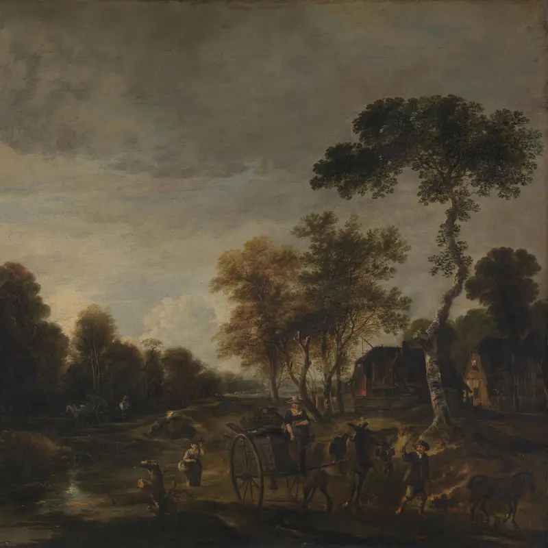 An Evening Landscape with a Horse and Cart by a Stream